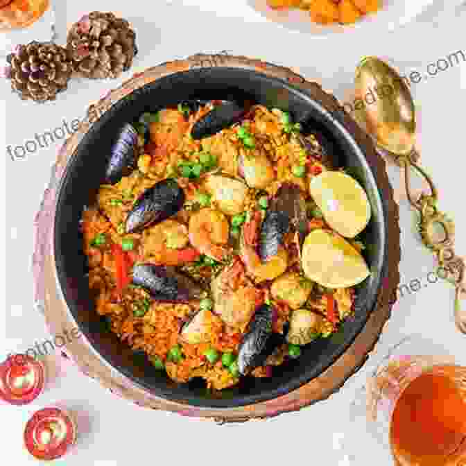 A Vibrant Paella Dish With Saffron Infused Rice, Seafood, Vegetables, And Aromatic Spices. European Cookbook Series: Spanish Famous Recipes